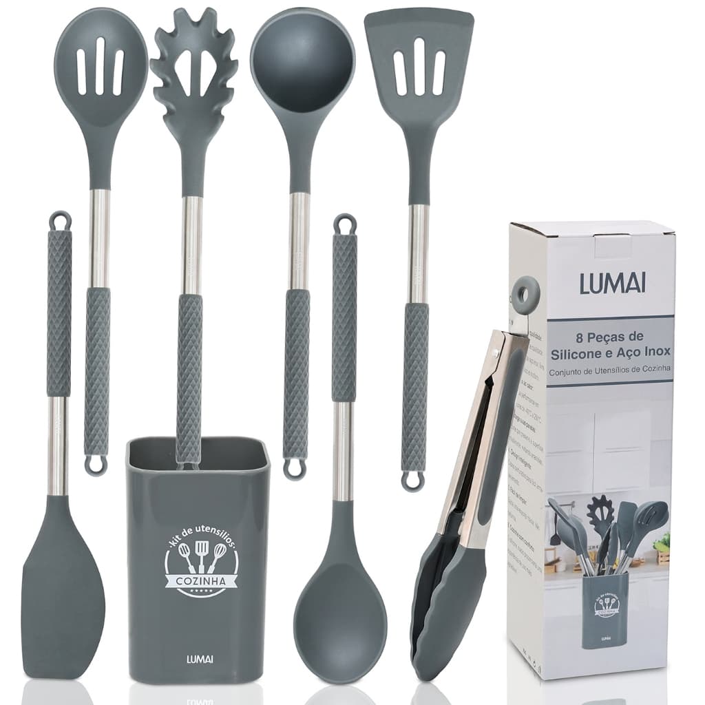 Lumai Kit Utensílios de Cozinha Berlim de Silicone  Aço Inox Grande Colheres Espátulas Concha Pegador