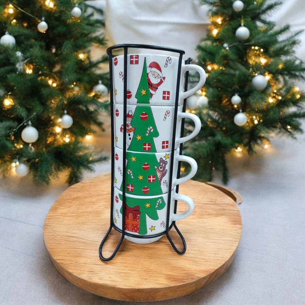 Jogo De 4 Xicaras Café Chá Porcelana Arvore de Natal ​Com Suporte de Metal