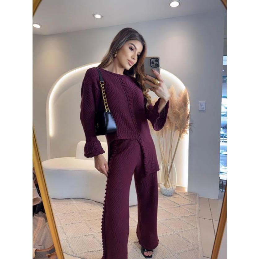 Conjunto Feminino Tricô Calça Confy Aerolook Manga Longa Estiloso Confortável D's Tricot