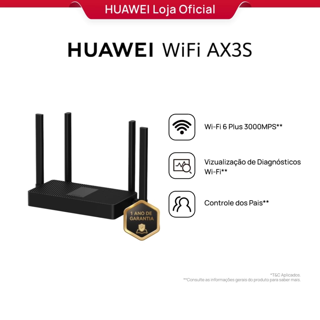 HUAWEI WiFi AX3S | Roteador | Wi-Fi 6+, 3000Mbps |  Easymesh |  HiConfig Preset | Preto