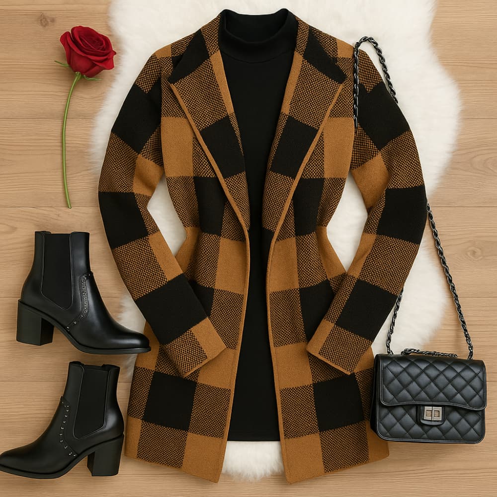 Sobretudo Kimono Xadrez Tricot Grosso Inverno