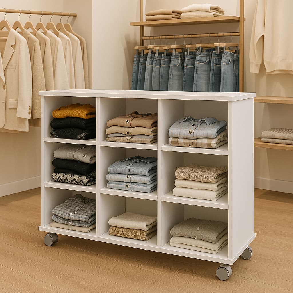 Móvel Expositor para Loja de Roupas 9 Nichos com Rodinhas  Branco Estante  organização Closet