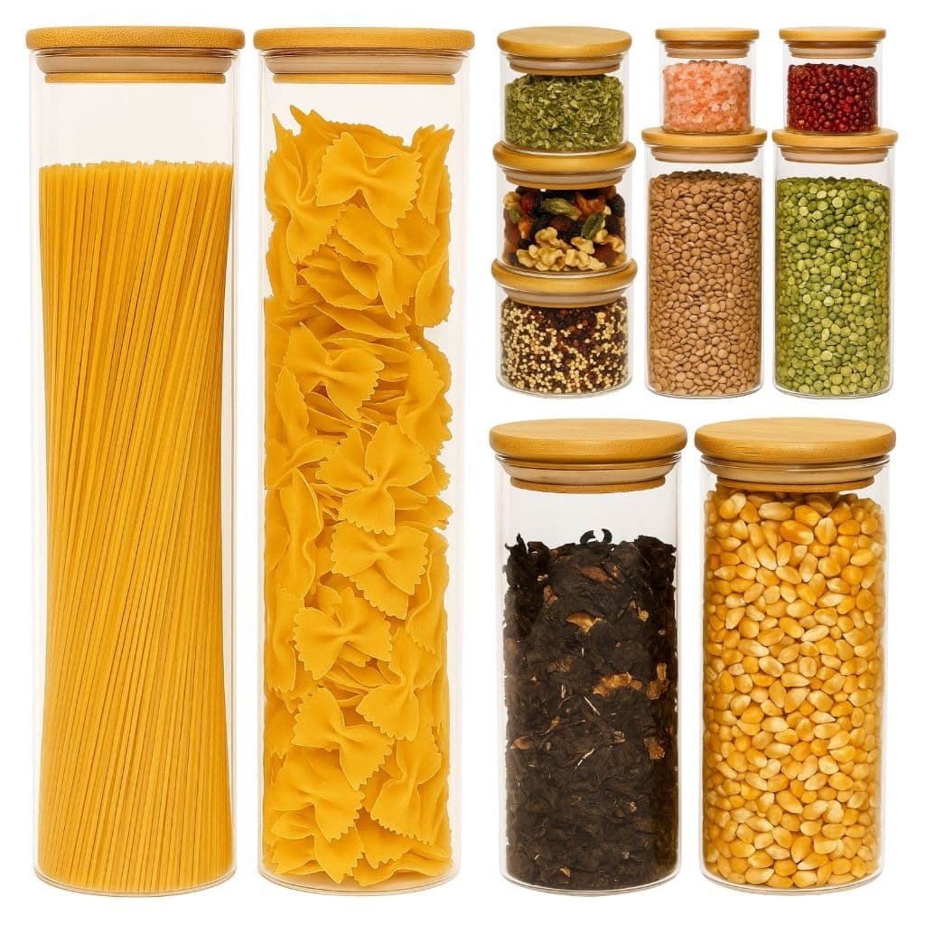 Kit 11 Potes Herméticos de Vidro com Tampa de Bambu para Cozinha Mantimentos Alimentos