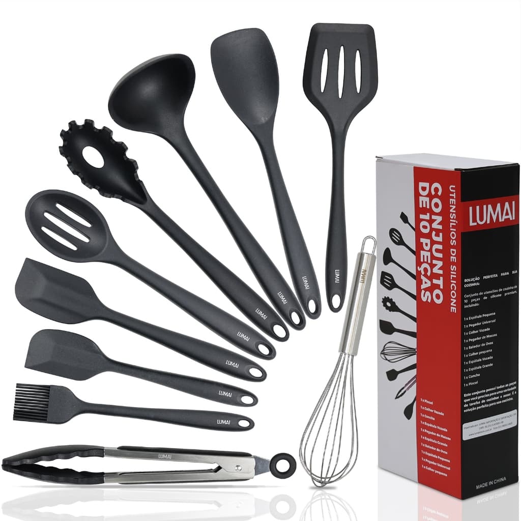 Lumai Kit 10 Utensílios de Cozinha Miami Silicone Legitimo  Espátulas Colheres Concha Batedor Pegador