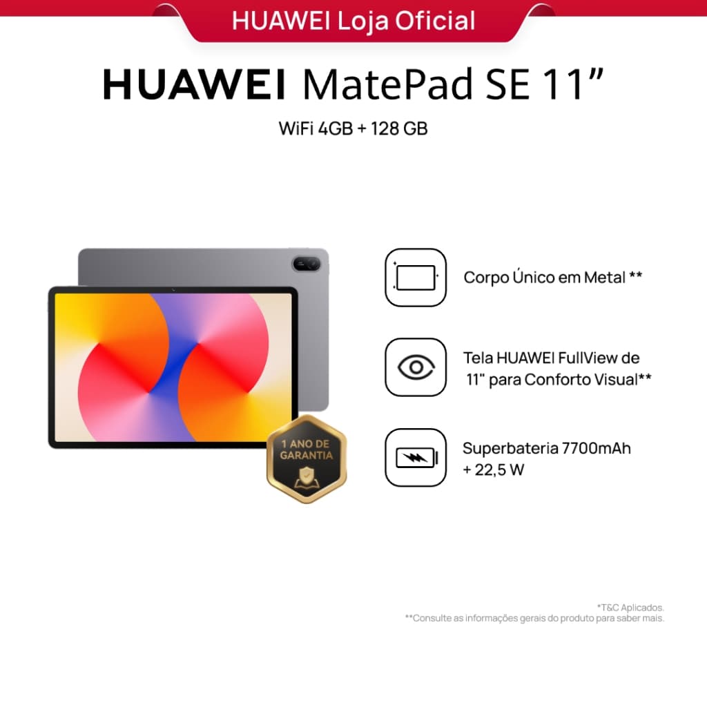 Tablet HUAWEI MatePad SE 11 Wifi 6+128GB Tela HUAWEI FullView de 11" para Conforto Visual, Superbateria de 7700 mAh 225W Câmera Traseira 8 MP, Câmera Frontal 5 MP Cinza Nebula