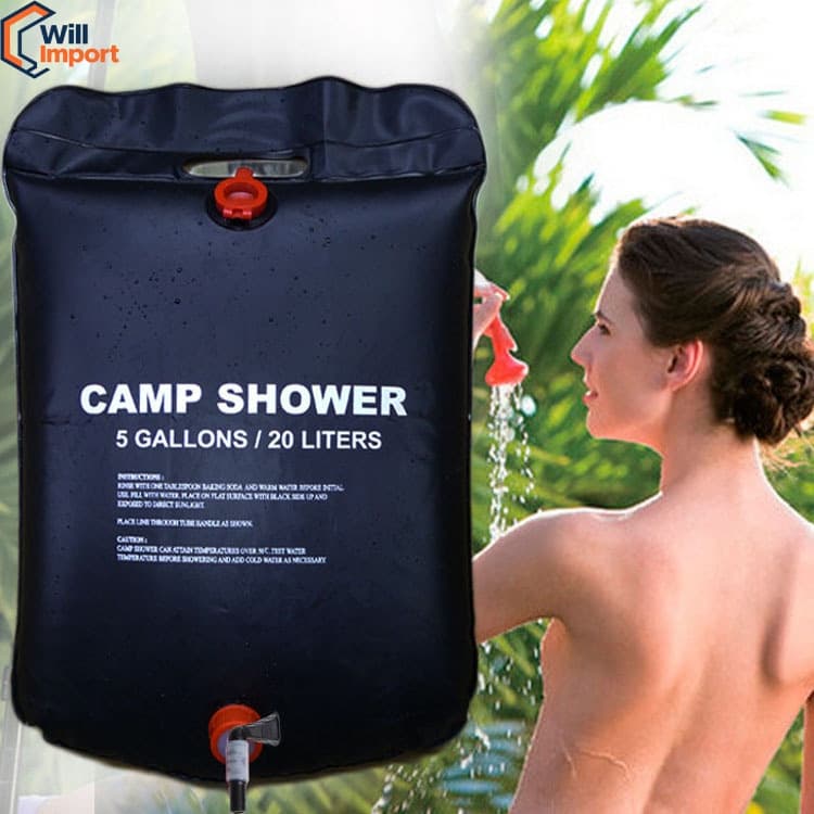 Bolsa de Chuveiro Solar 20L para Acampamento - Aquecedor Água Portátil, Preto