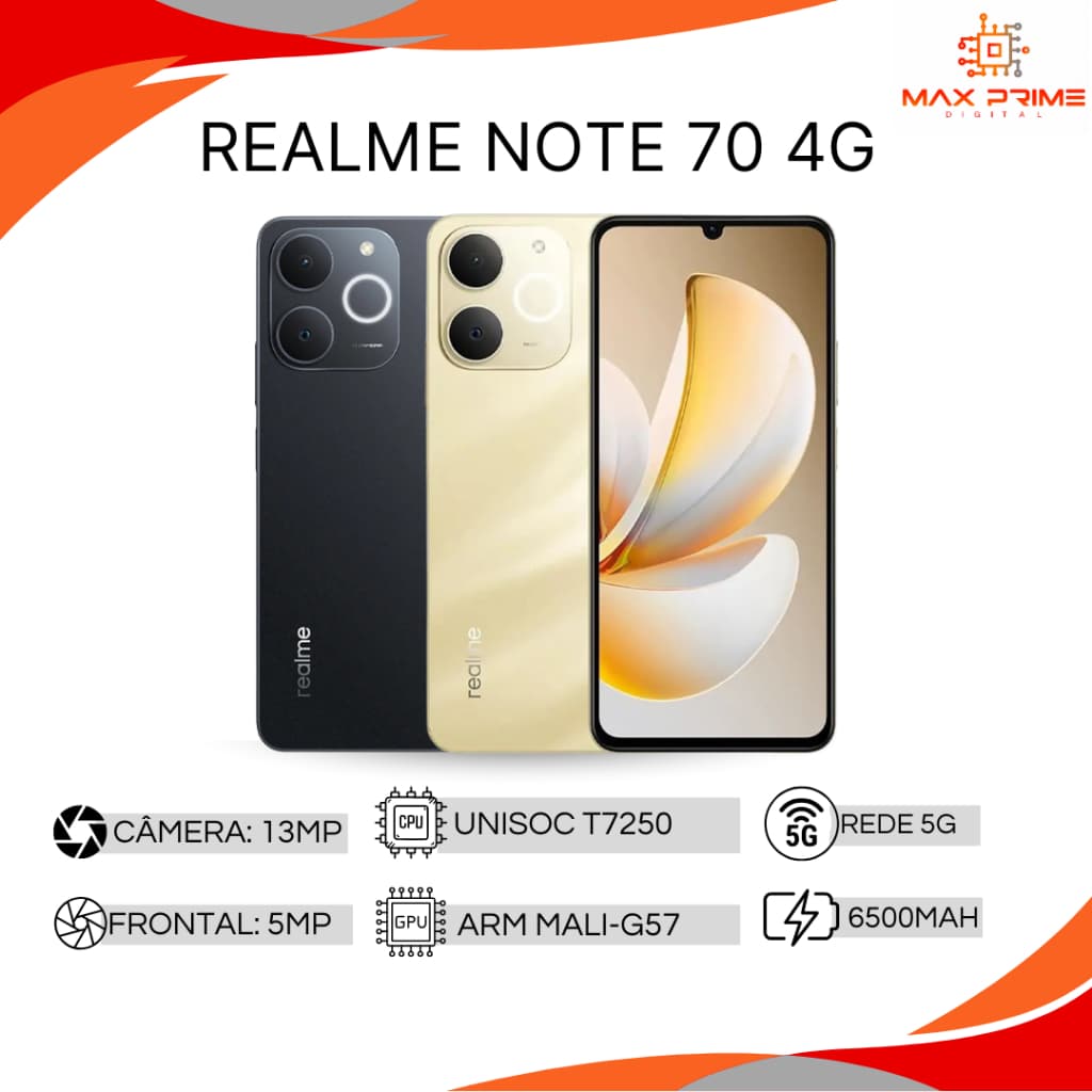 realme Note 70 4+256GB Smartphone Celular Versão Global Bateria 6300mAh Câmera 13MP Tela 6,7 90Hz Dourado