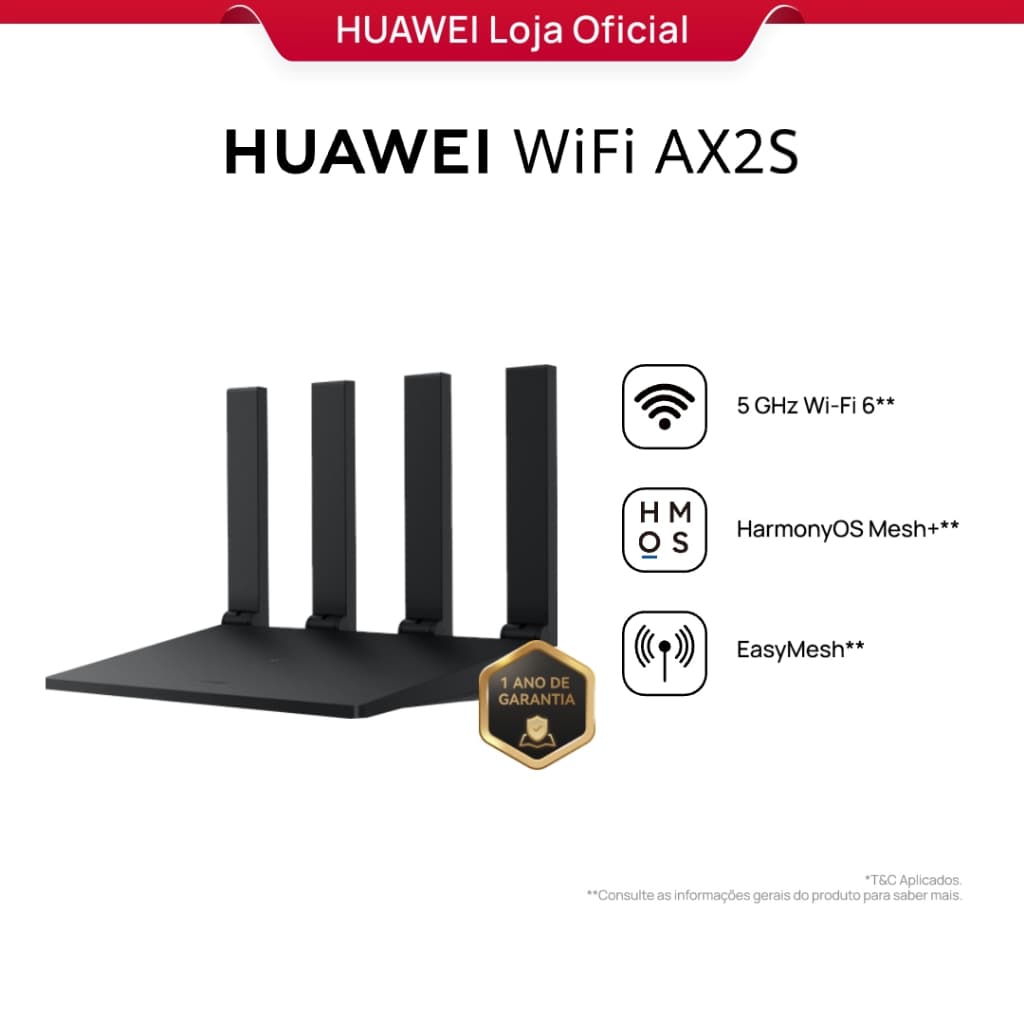 HUAWEI WiFi AX2S Roteador WS7000 V2 Dual Band 4 Antenas 5 GHz Wi-Fi 6