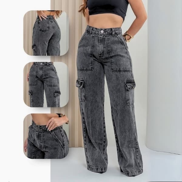 Calça Cargo Feminina Jeans Bolso Lateral Wid Leg  34 ao 44 Pantalona Cintura Alta