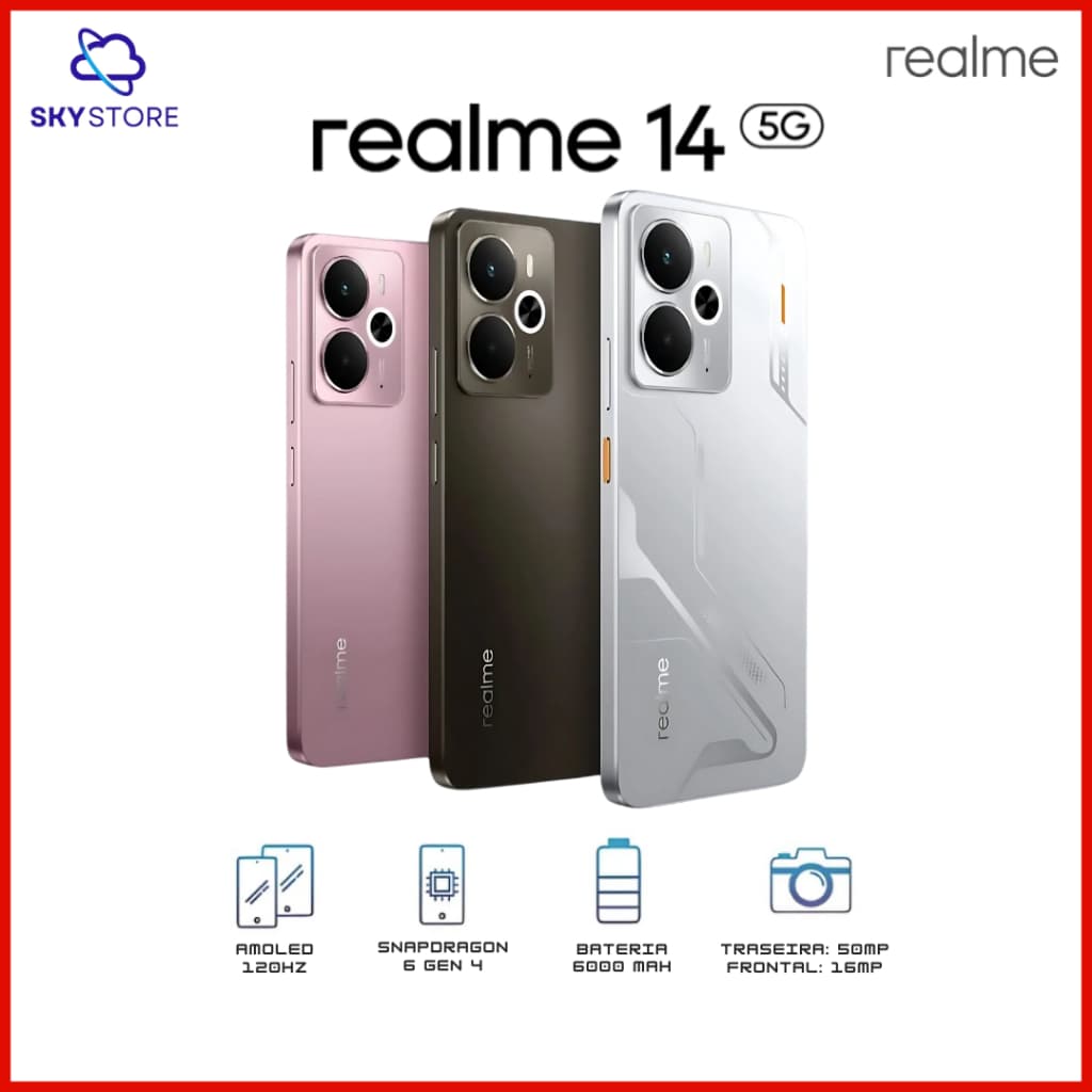 Realme 14 5G 256/8GB RAM Câmera 50MP,  Snapdragon® 6 Gen 4, Bateria 6000mAh ,Versão Global