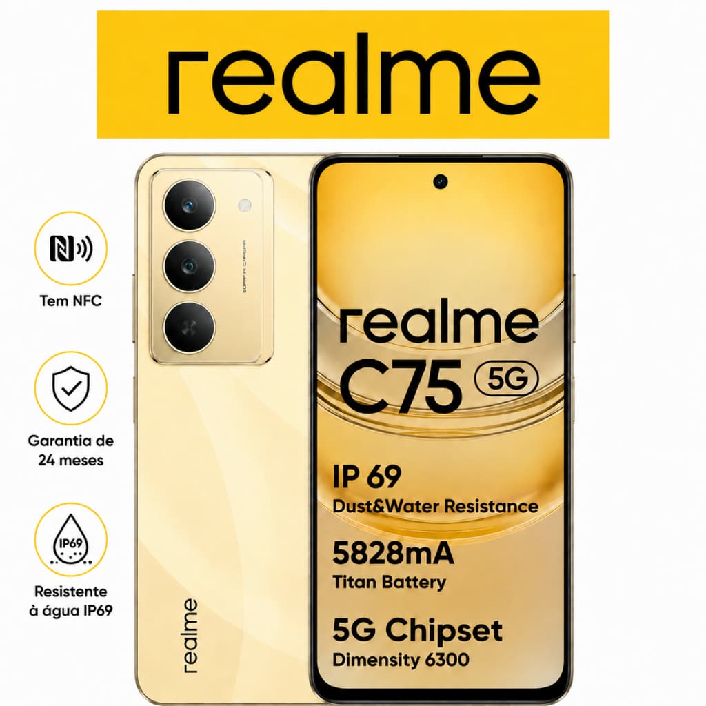 Realme C75 5G 256GB/8GB RAM Processador MediaTek Helio G92 Max Câmera 50MP 6000mAh Versão Global
