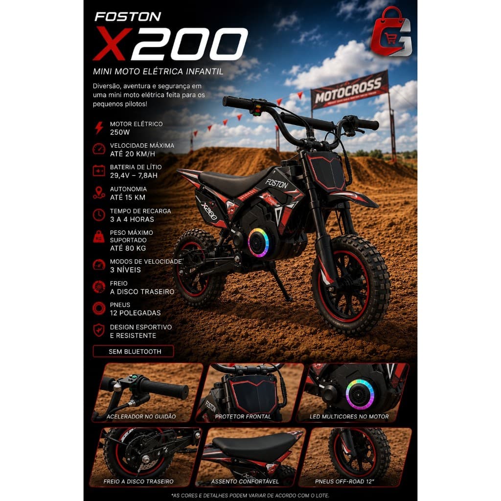 Mini Moto eletrica Foston X200 20km/h suspesão 80 kg