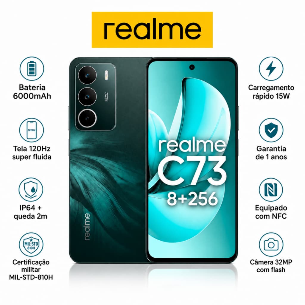Celular Realme C73 4G 6000mAh 50MP 45W 120Hz Novo e original Versão Global