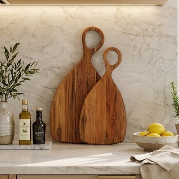 Kit Tábua de Corte Royal Com Cabo Decorar Cozinha Servir e Cortar P e M - Madeira ​Nobre Premium