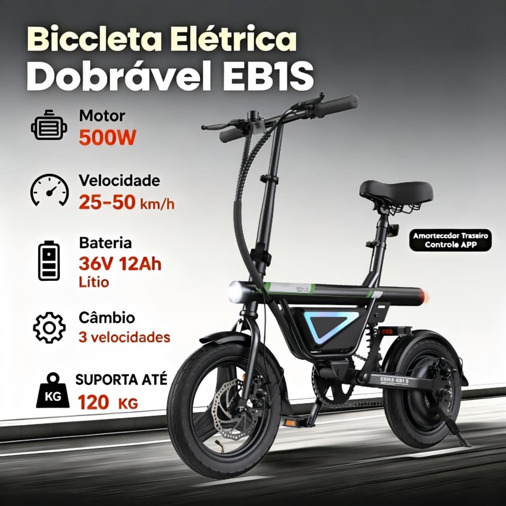 Bicicleta Elétrica Dobrável EB1S Aro 14 motor 500W freio a disco amortecedor traseiro farol LED controle APP