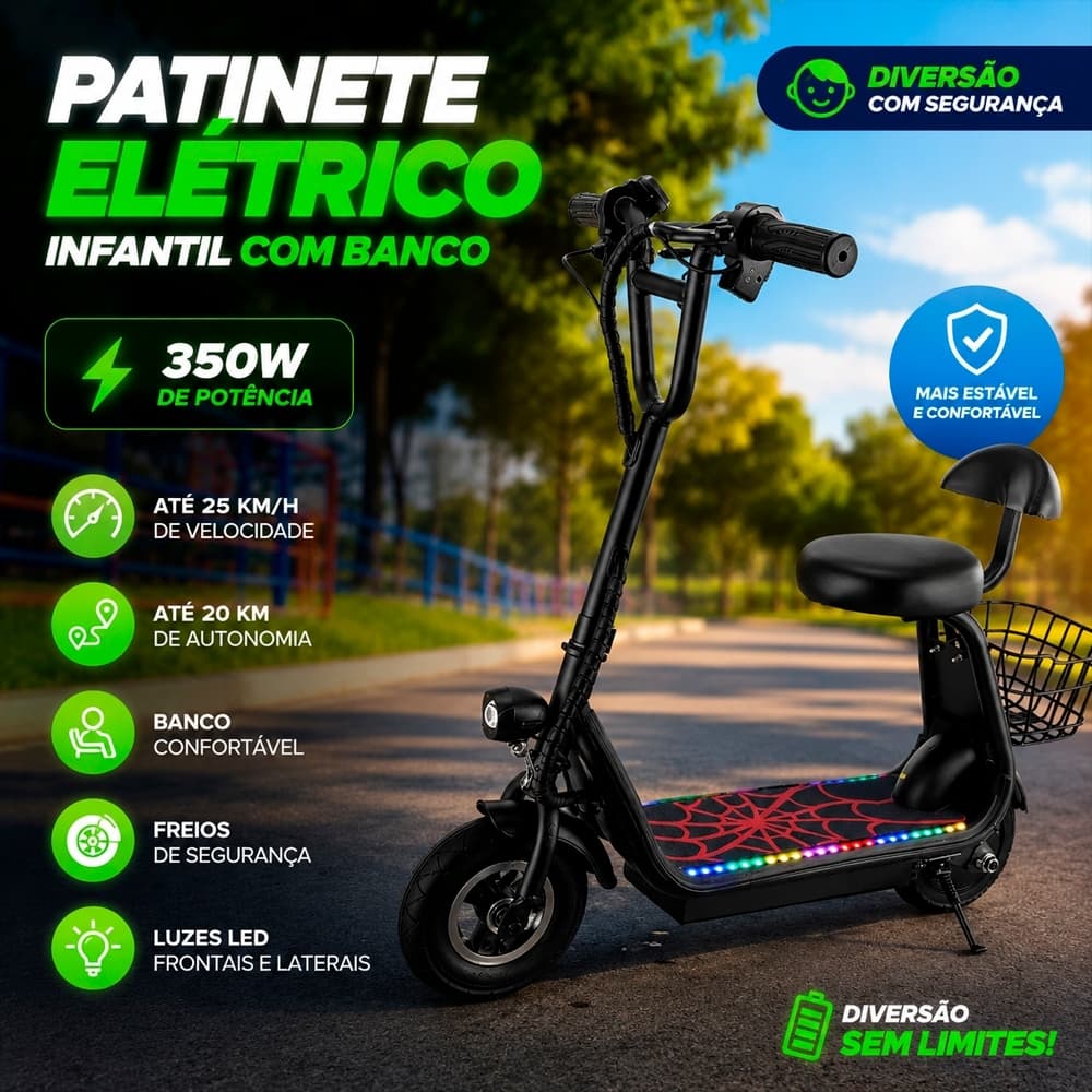 Scooter elétrica de 350 W e 36 V (equipada com assento, cesta traseira, alto-falante Bluetooth, luzes LED e freios a dis