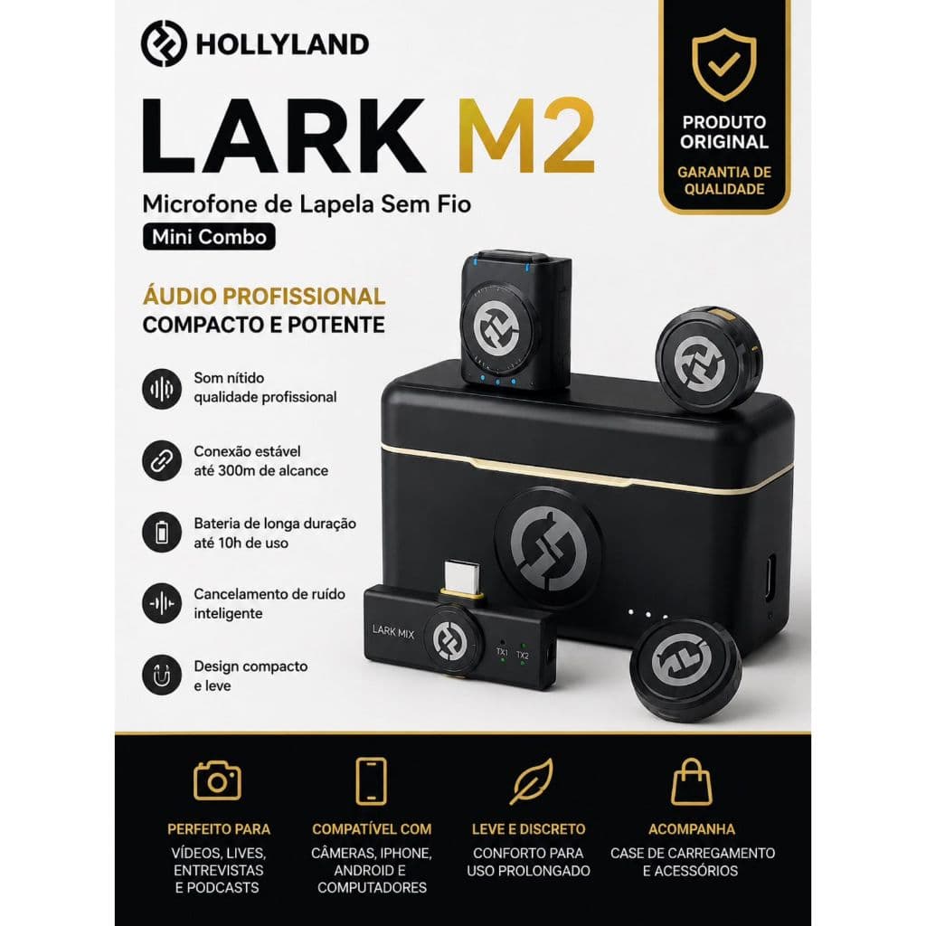 Hollyland Lark M2 Microfone de Lapela Sem Fio, Mini Microfone 48kHz/24bit, Cancelamento de Ruído para Gravaçao