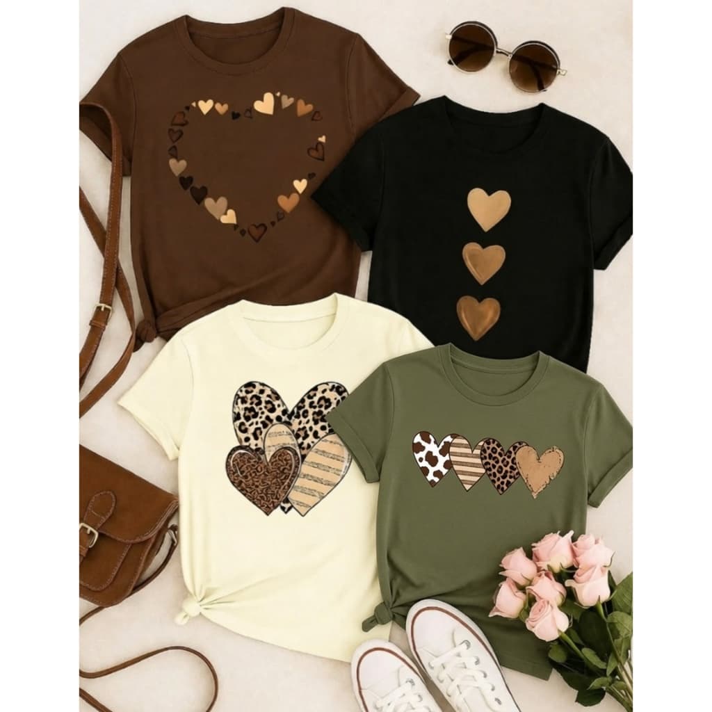 Kit 4 Camisetas Femininas com Estampa de Corações, Looks Casuais verde militar, off white, marrom