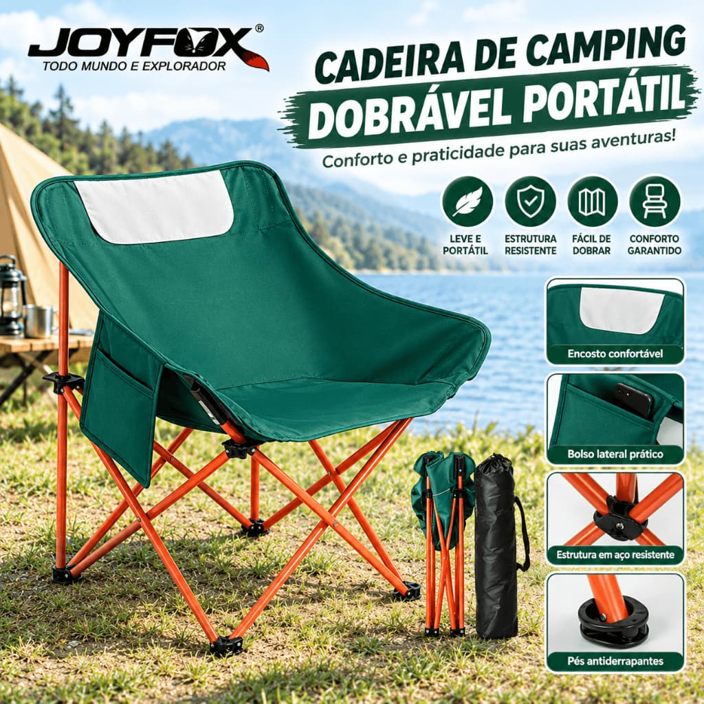 Cadeira Dobrável Portátil Moon Chair JOYFOX para Camping com Bolsos Laterais Leve Confortável