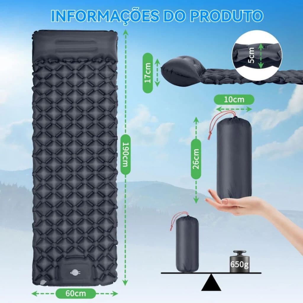 Colchão Automático Inflável Portátil Com Travesseiro Acampamento Camping Viagem Impermeável