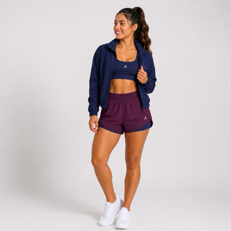 Conjunto Trio Aurora Shorts Duplo + Top + Jaqueta Bomber Fitness Feminino Academia