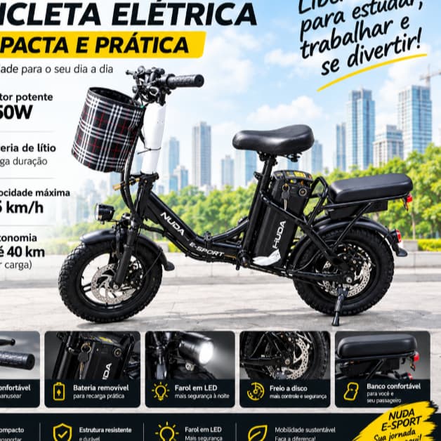 Uma bicicleta elétrica dobrável para a família NUDA, adequada para trabalho ao ar livre e compras