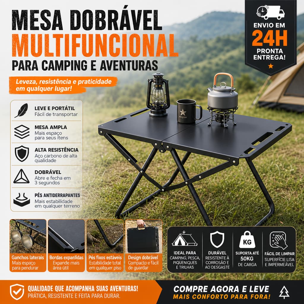 Mesa Tática Dobrável Camping Aço Carbono Suporta 50kg Gancho Lateral Portátil Pesca Piquenique Envio 24h