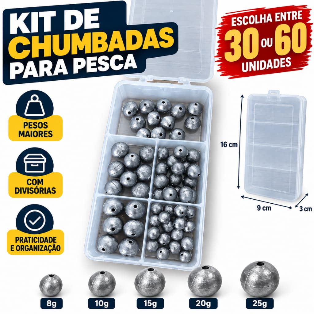 Kit de Pesca Chumbadas Bola Com Estojo Organizador Acessórios Pescaria Chumbada Redonda