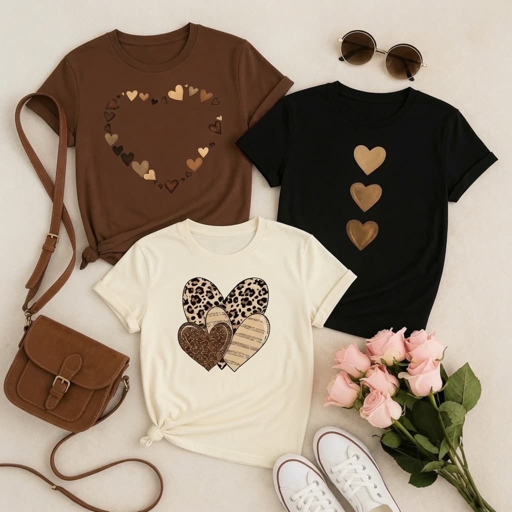 Camisetas Femininas Estampadas com Corações de algodão premium  Looks Casuais Fofos e Estilosos