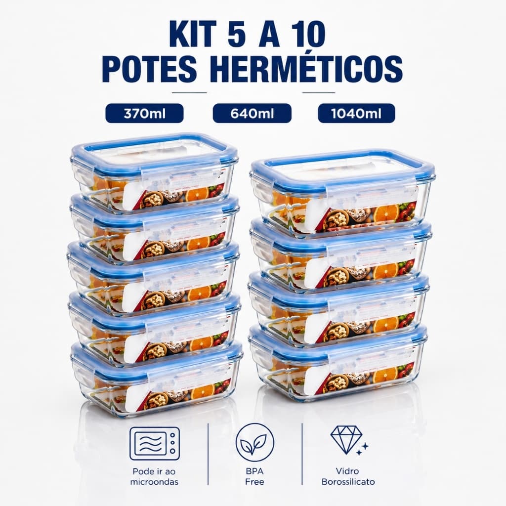 Kit 5 e 10 Potes De Vidro Hermetico Marmita Fit  Mantimento Tampa 4 Travas, Microondas