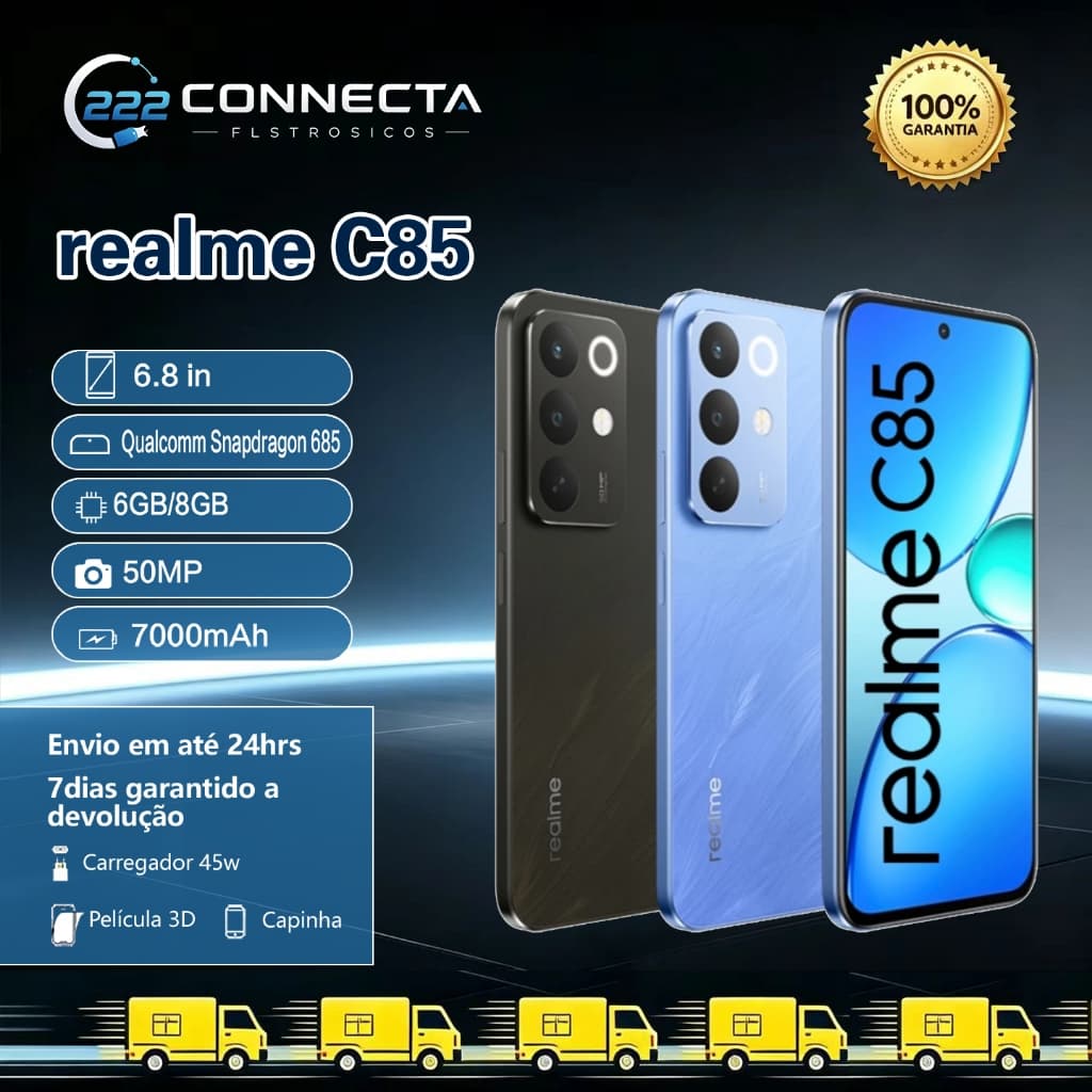 Celular Realme C85 4G, Tela LCD 6.8", Bateria 7000mAh, Câmera 50MP, Versão Global Original
