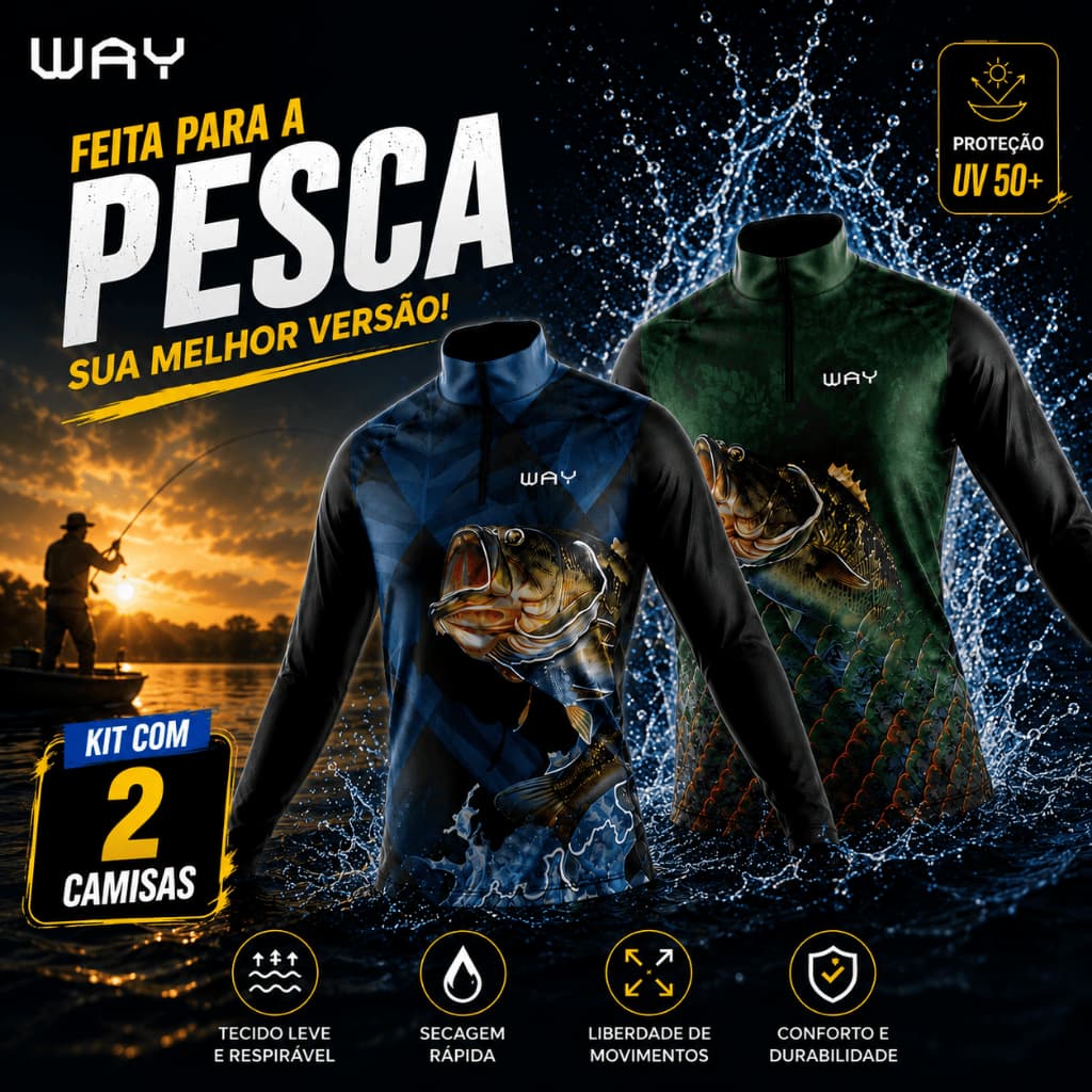 Kit 2 Camisas de Pesca Manga  Longa Masculina com Proteção UV50+ Pescaria Tucunaré Black Bass