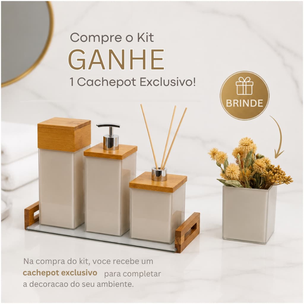 Kit Banheiro Lavabo Luxo Saboneteira Bandeja Porta Escova Difusor 4 Pçs em Vidro e  Madeira Decoraçao