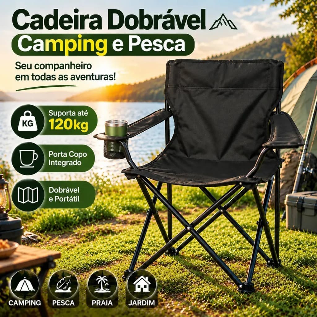Cadeira Dobrável Portátil com Porta  Copo Bolsa Transporte Praia Camping Pesca Resistente e Leve