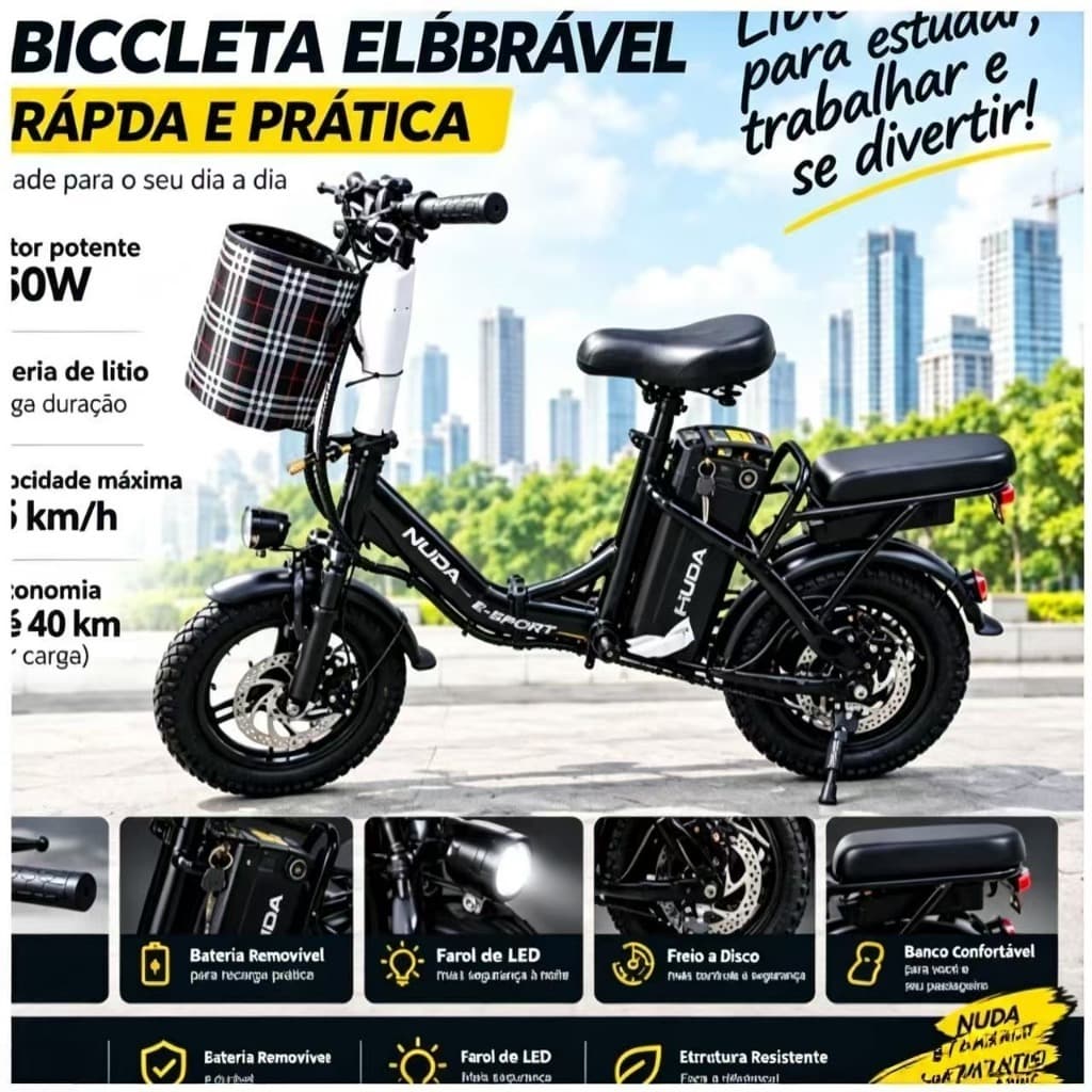 Bicicleta Elétrica Dobrável NUDA 400W 14 Polegadas | Perfeita Para Trabalho, Compras e Passeios em Família