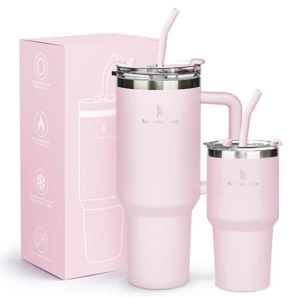 ROMANTIC CROWN Kit 2 Copo Térmico Inox Portátil 1200ml/600ml Garrafa Térmica Inoxidável  com Tampa e Canudo