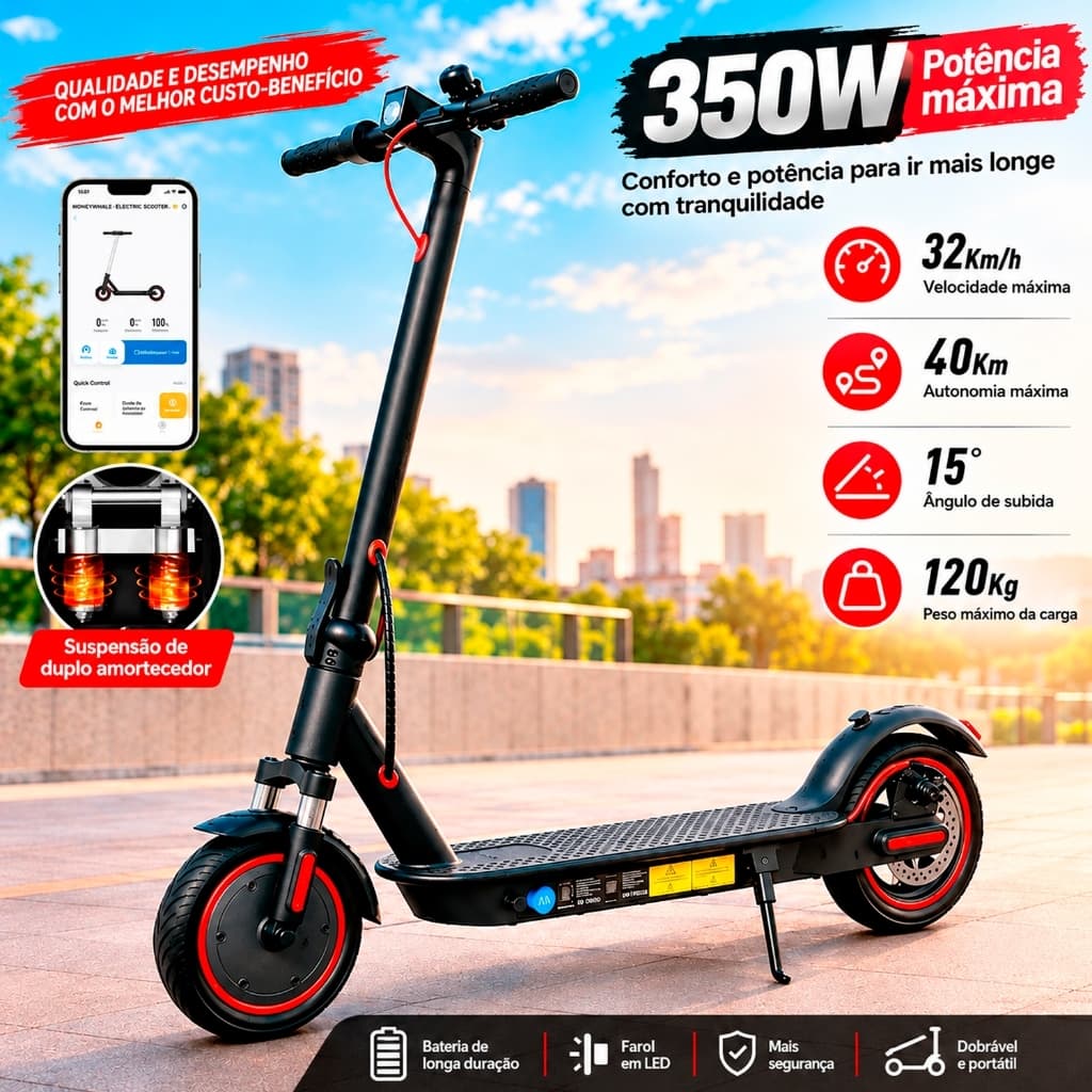 Patinete Elétrico Com Amortecedor 350W Adulto Freio a Disco Scooter Dobrável