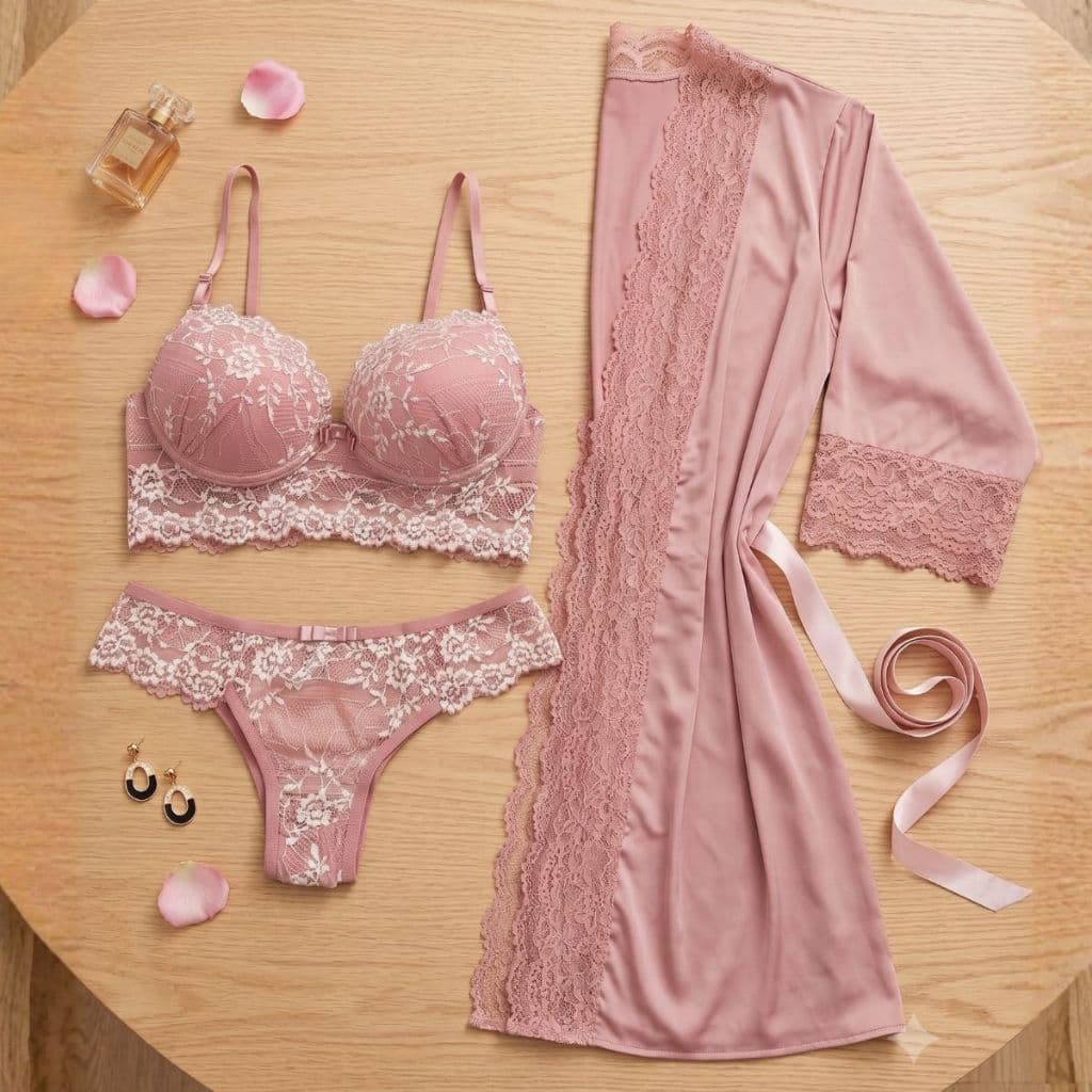KIT Conjunto Lingerie com Renda Bicolor Com bojo Antonella + ROBE Luxo Romantic com Renda