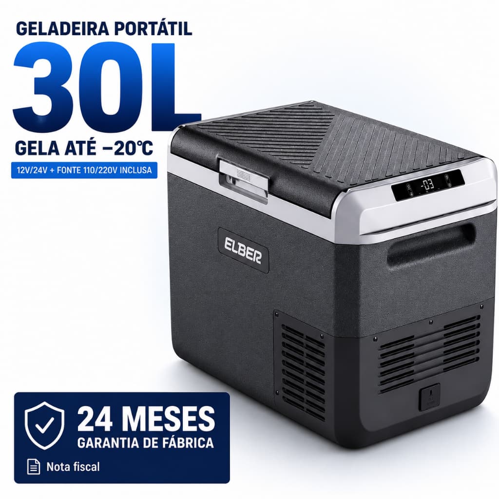 Geladeira Portátil Elber Day2Day D30 Dark 30L 12V 24V Fonte 110V 220V Bluetooth Caminhão Motorhome