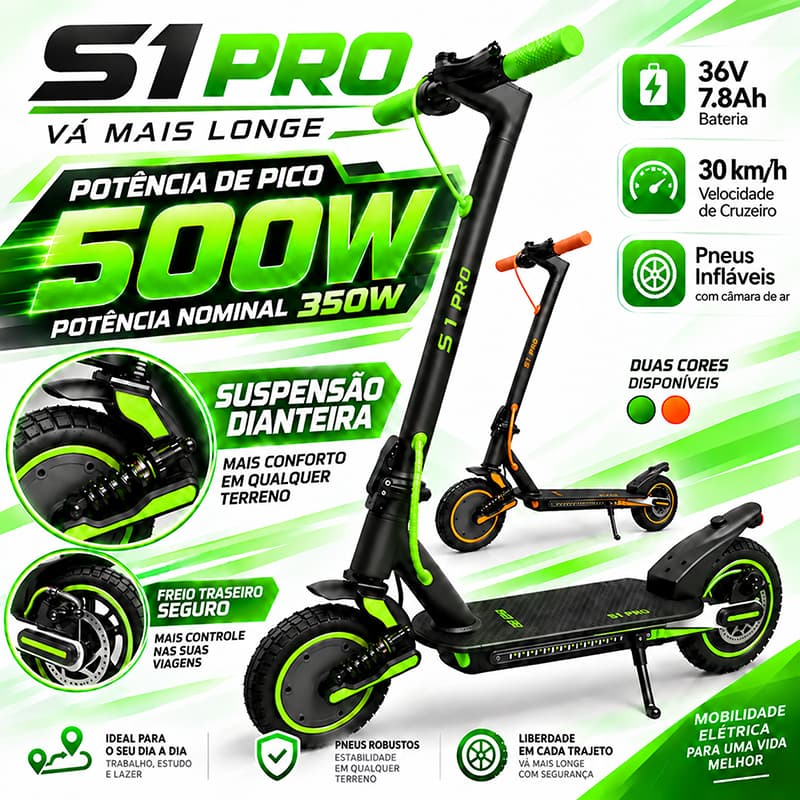 Egazza 500W 8.5" Patinete Elétrico Adulto S1 Pro Bateria 36V 7,8Ah Autonomia 30km Dobrável