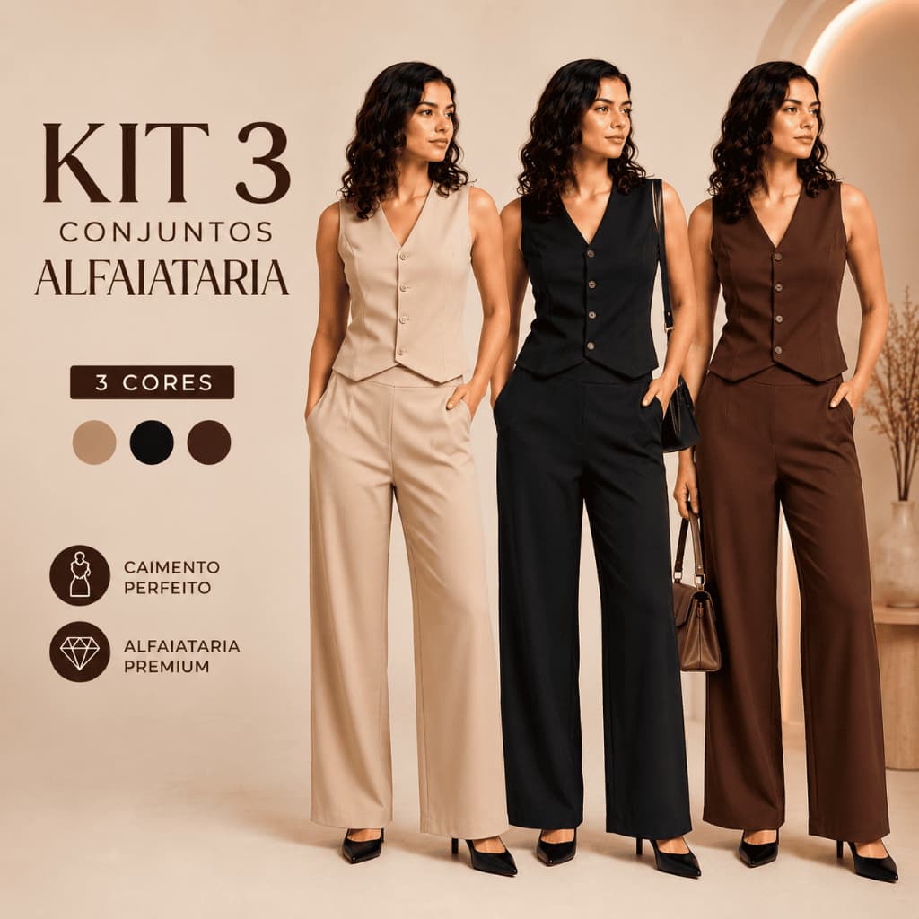 Kit 3 Conjunto Alfaiataria Feminino Colete e Calça Fluida Estilo Executivo Moda Social Elegante
