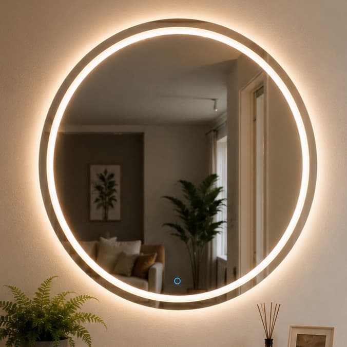 Espelho Redondo ​Grande com LED 3 Cores mais Forte e Botão Touch 80x80cm Decorativo Banheiro Premium