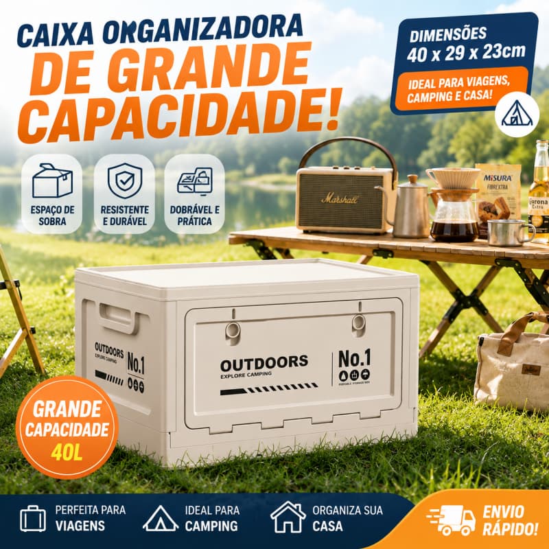 Caixa Organizadora Dobrável para Camping, Caixa de Armazenamento em PP, Abertura Lateral, Portátil, 40x29x23cm