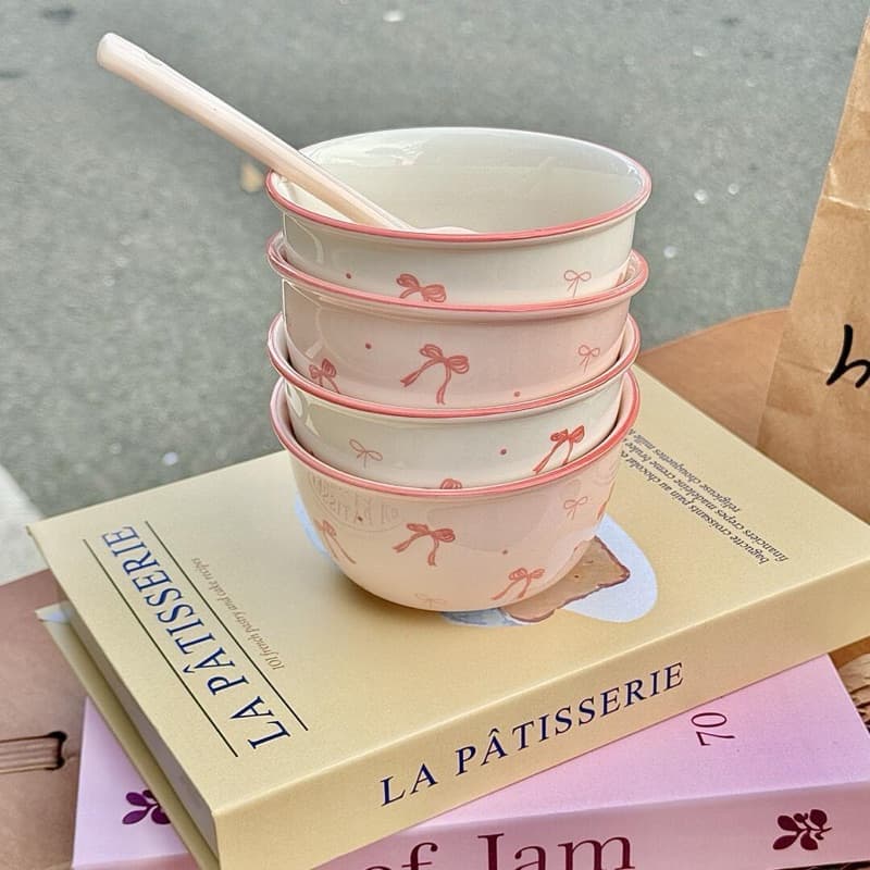 Bowl Laços Rosa  em Cerâmica | Tigela de Porcelana para Cereais, Sobremesas, Frutas e Sopa 400ml