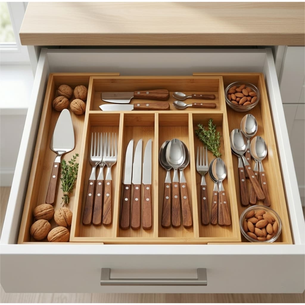 Organizador De Talheres Gaveta Bambu Extensível 7 Divisórias