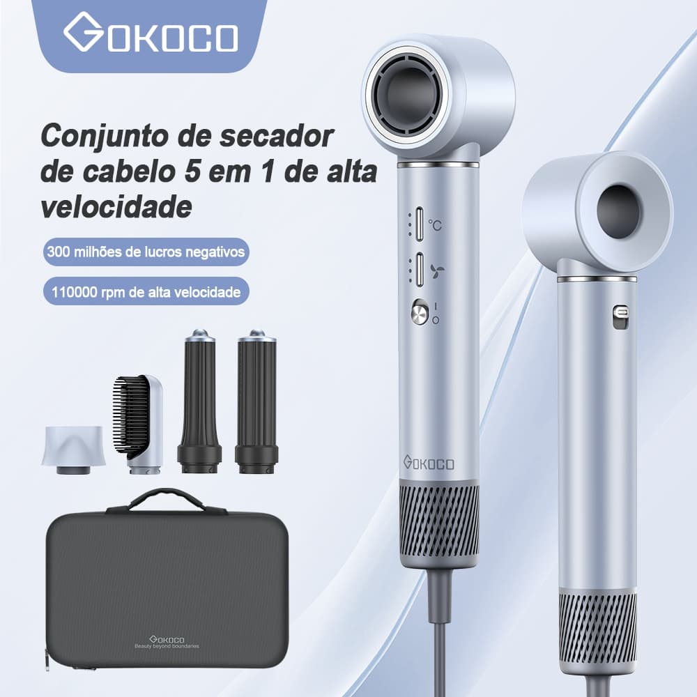 GOKOCO Secador De Cabelo Com 5 Em ​1 GD023 Escova Magnético Multifuncional De Alta Velocidade Com Alisar Enrolar Hot Air