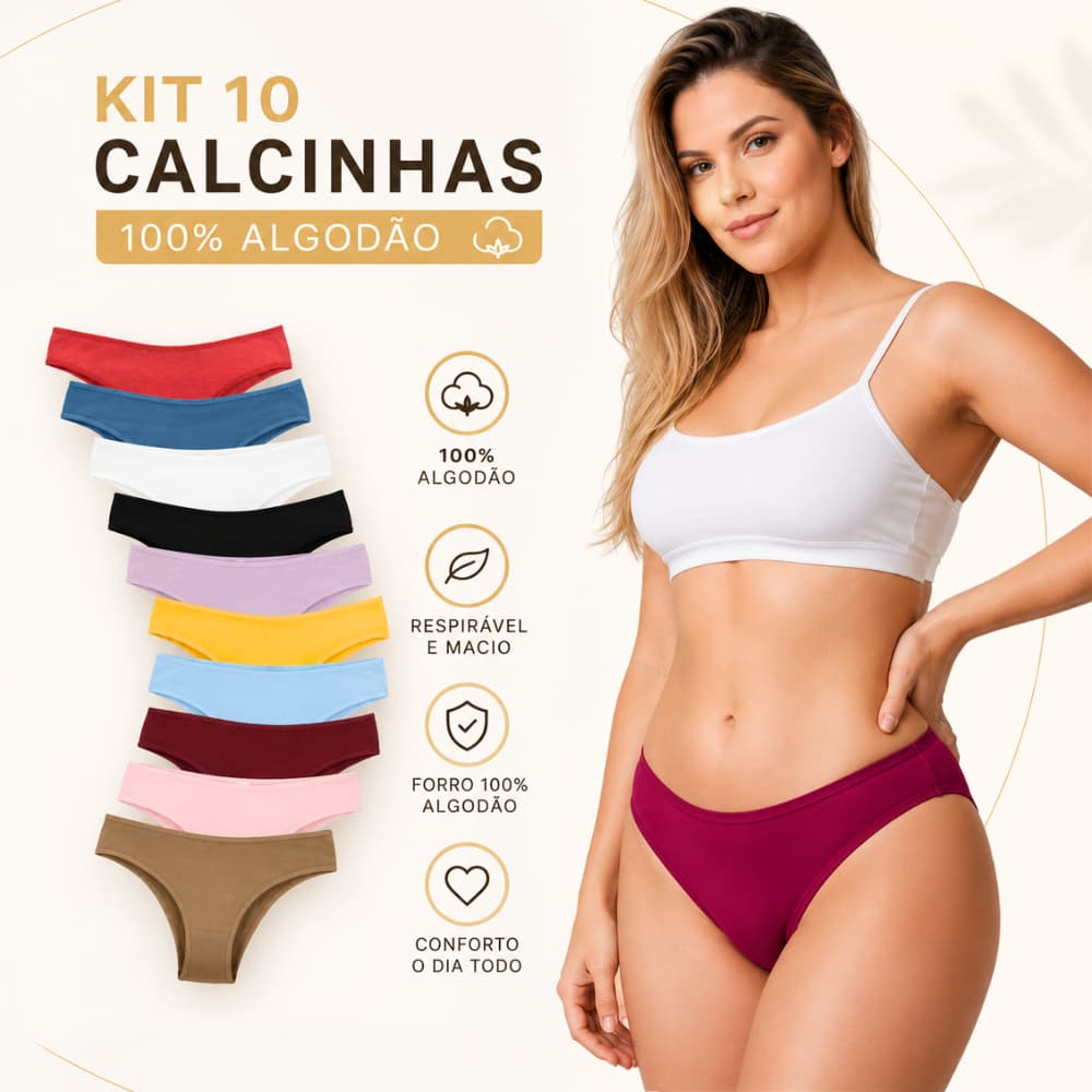 Kit 10 Calcinhas Adulto Feminina de Algodão