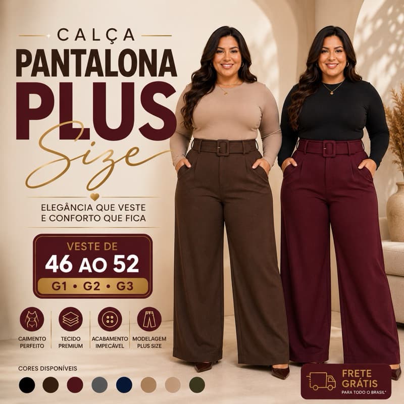 Calça PLUS SIZE Pantalona Modesty Feminina Alfaiataria Premium Social Cintura Alta Tamanho 46 ao 52