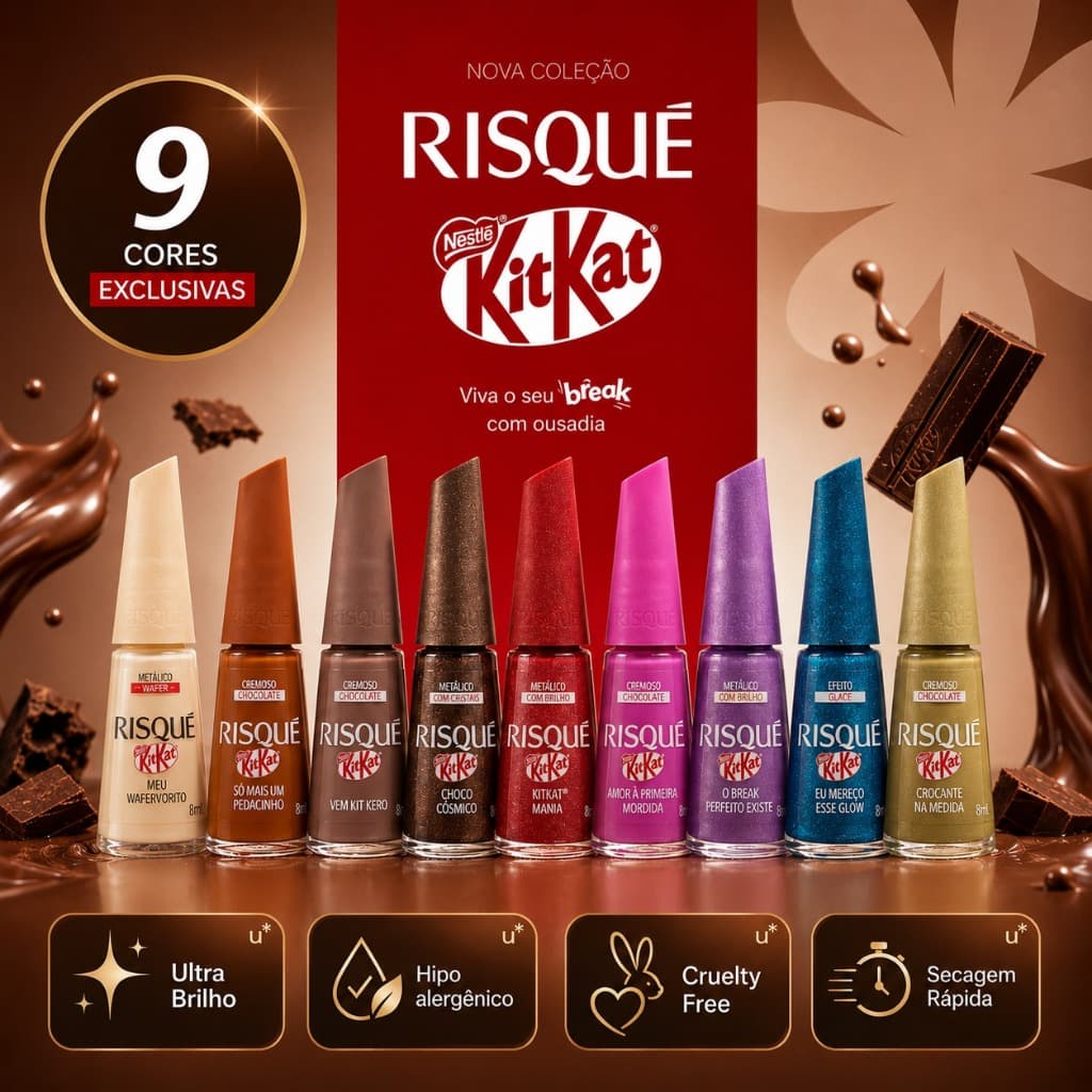 Esmalte Risque KitKat Lançamento Kit 9 opções de Cores Hipoalergênico com cheirinho de chocolate Kit Kat