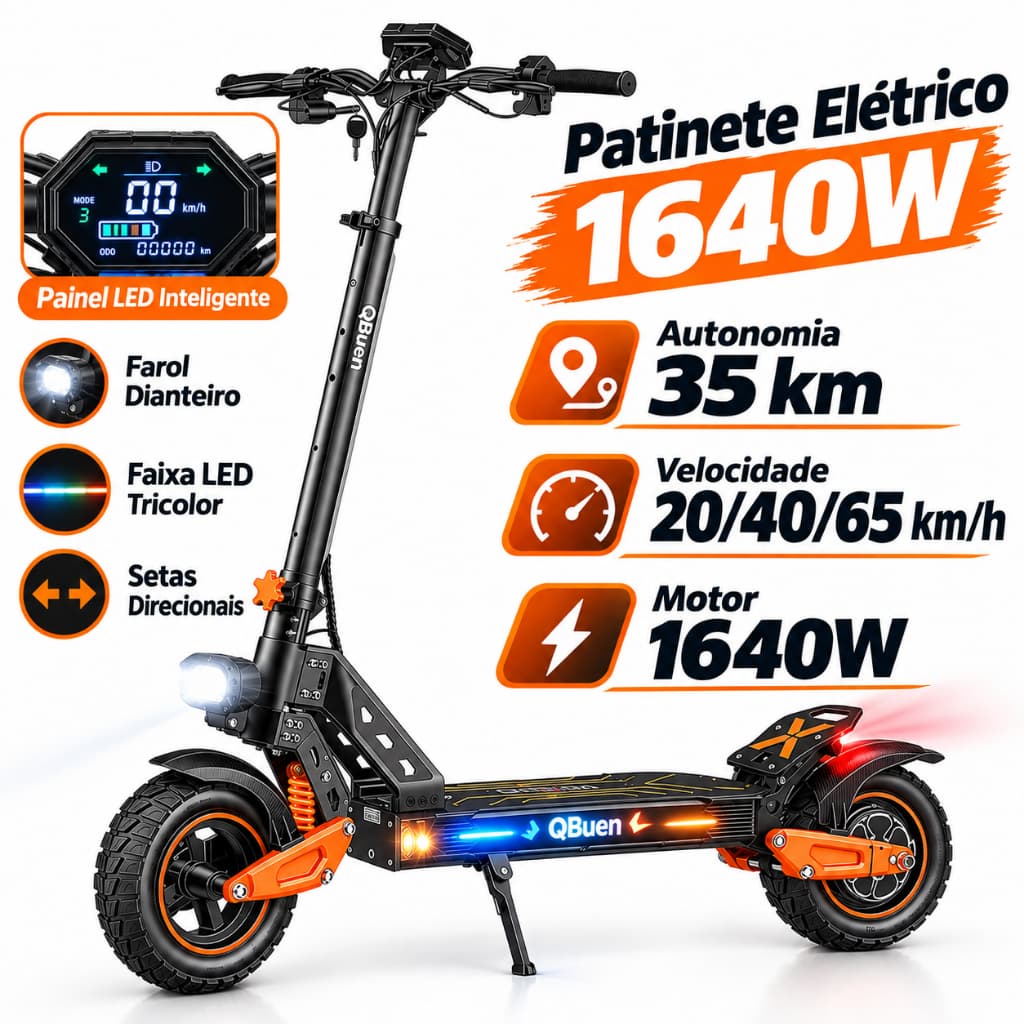 Patinete Elétrico 1640W 65km/h 35km de Autonomia Dupla Suspensão LED Altura Ajustável Setas 3 Modos